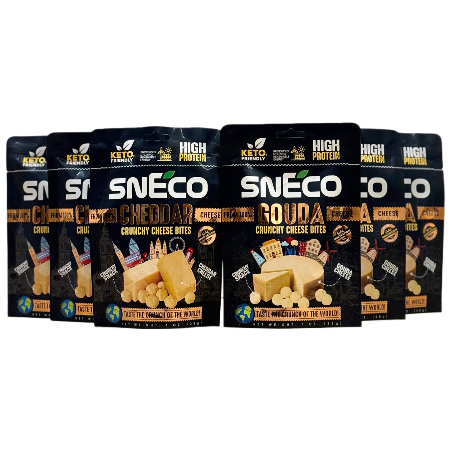 snEco »PARTY BOX« 60 × 28 g. CHEDDAR+GOUDA. HRUSTLJAVI SUŠENI SIRSKI PRIGRIZEK