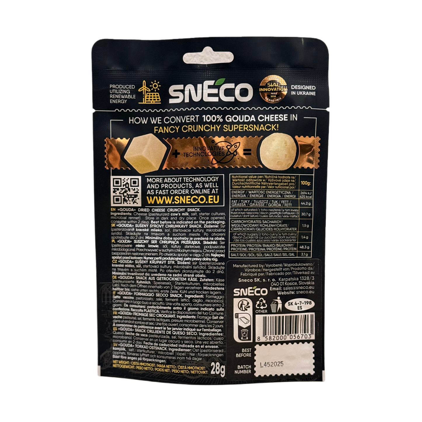 snEco »GOUDA« – degustacijski set 5 × 28 g, hrustljavi sirni prigrizek