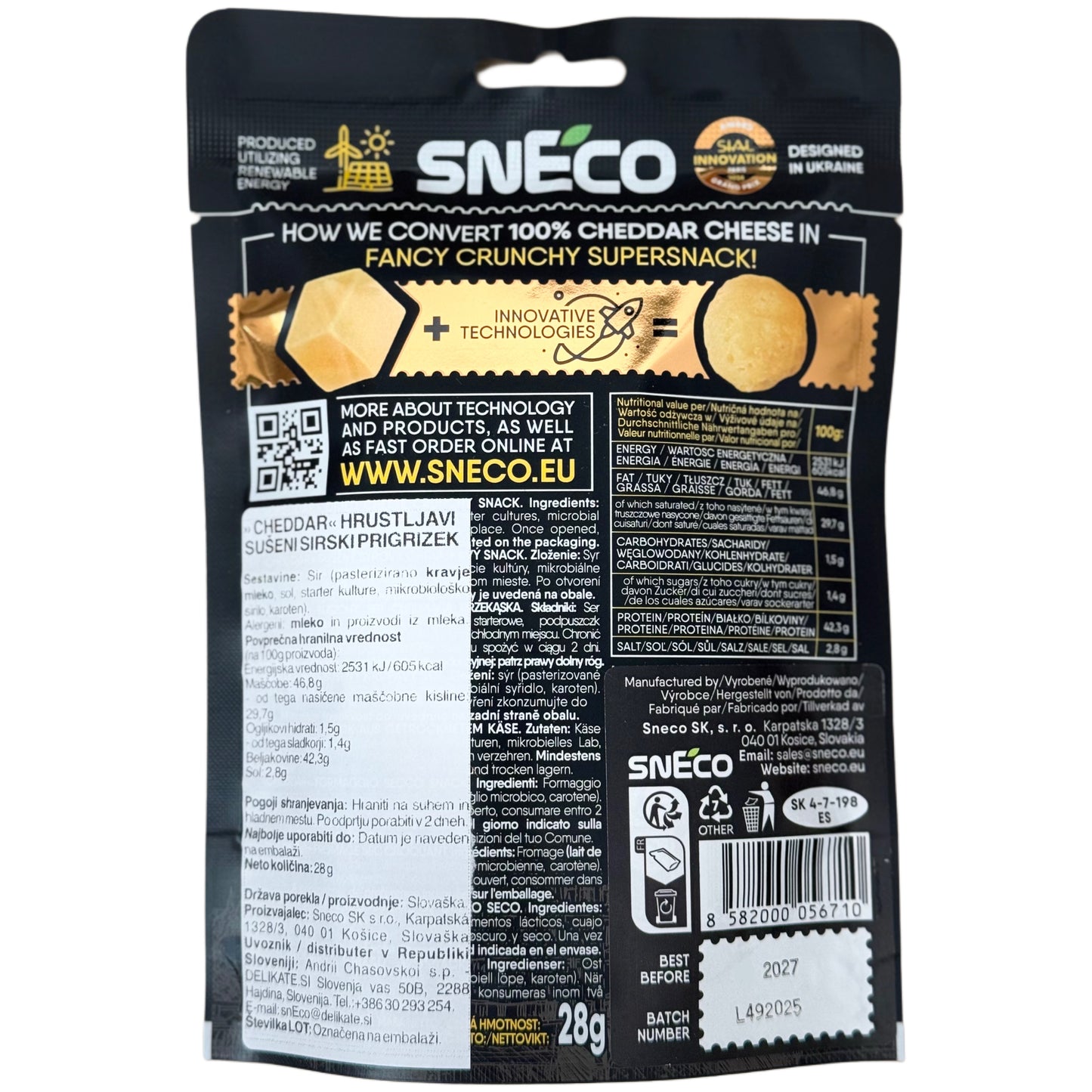 snEco »CHEDDAR« – degustacijski set 5 × 28 g, hrustljavi sirni prigrizek
