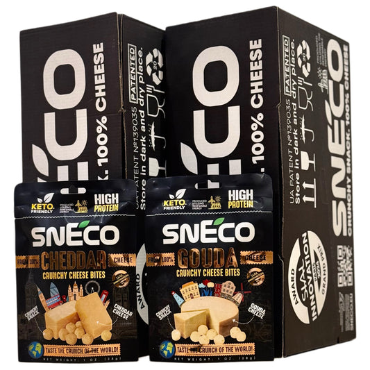 snEco »PARTY BOX« 60 × 28 g. CHEDDAR+GOUDA. HRUSTLJAVI SUŠENI SIRSKI PRIGRIZEK