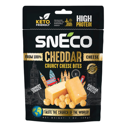 snEco »CHEDDAR« – degustacijski set 5 × 28 g, hrustljavi sirni prigrizek