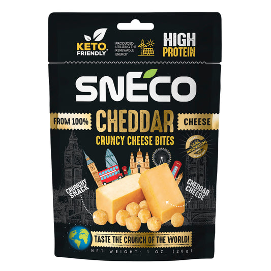 snEco »CHEDDAR« – degustacijski set 5 × 28 g, hrustljavi sirni prigrizek