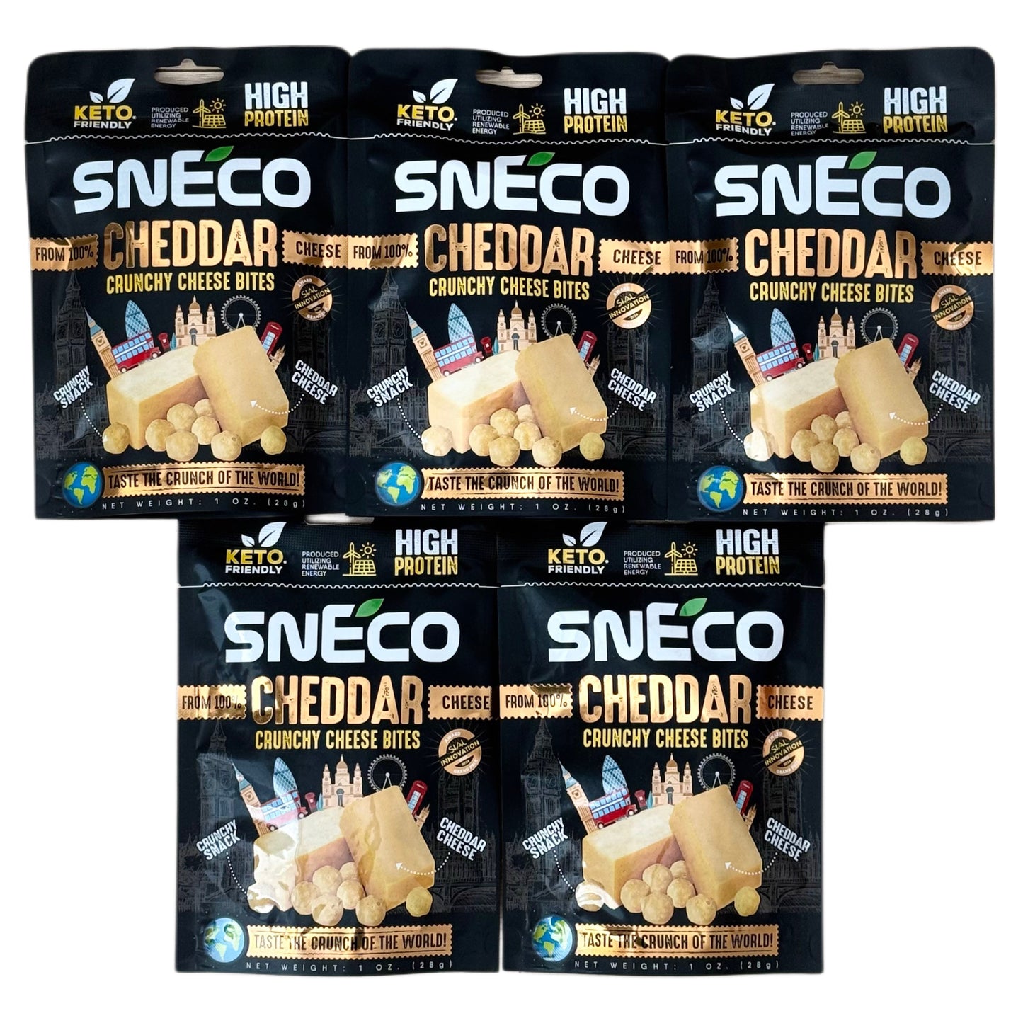 snEco »CHEDDAR« – degustacijski set 5 × 28 g, hrustljavi sirni prigrizek