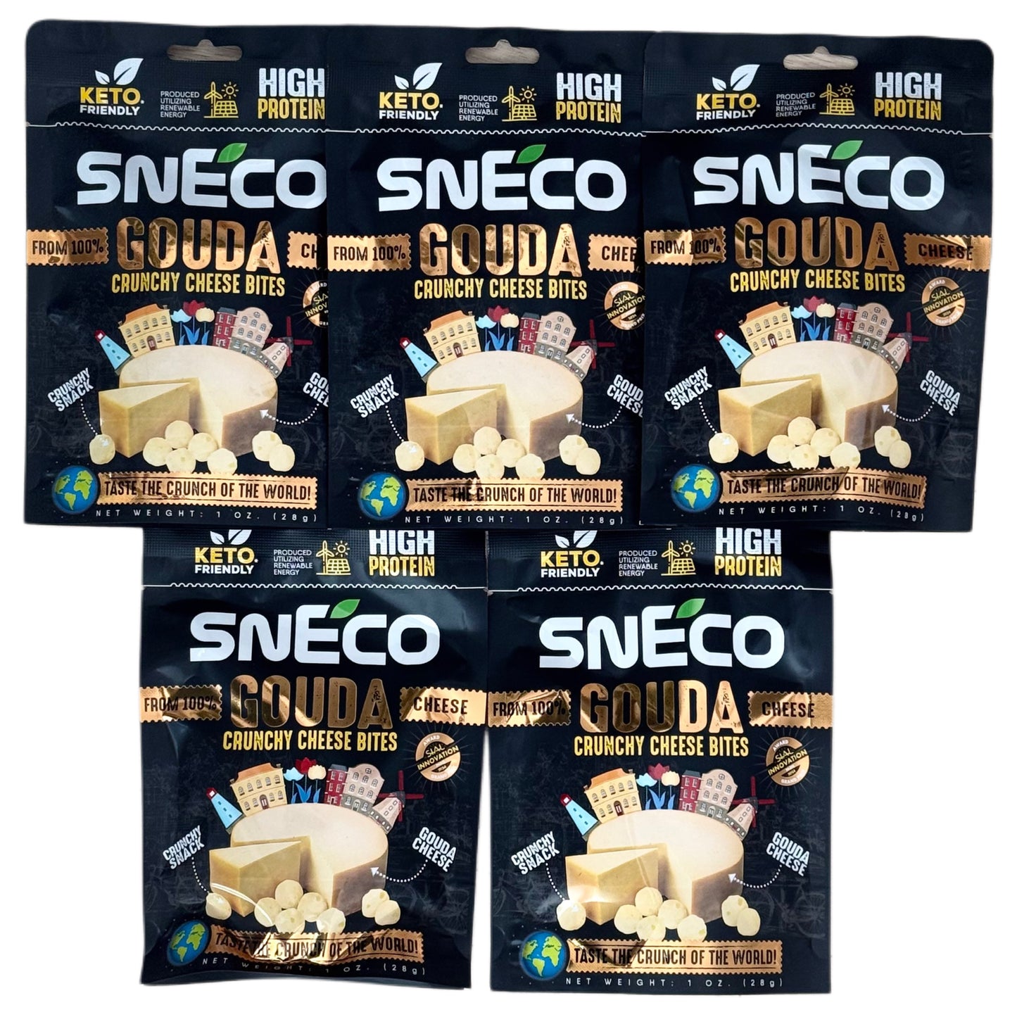 snEco »GOUDA« – degustacijski set 5 × 28 g, hrustljavi sirni prigrizek